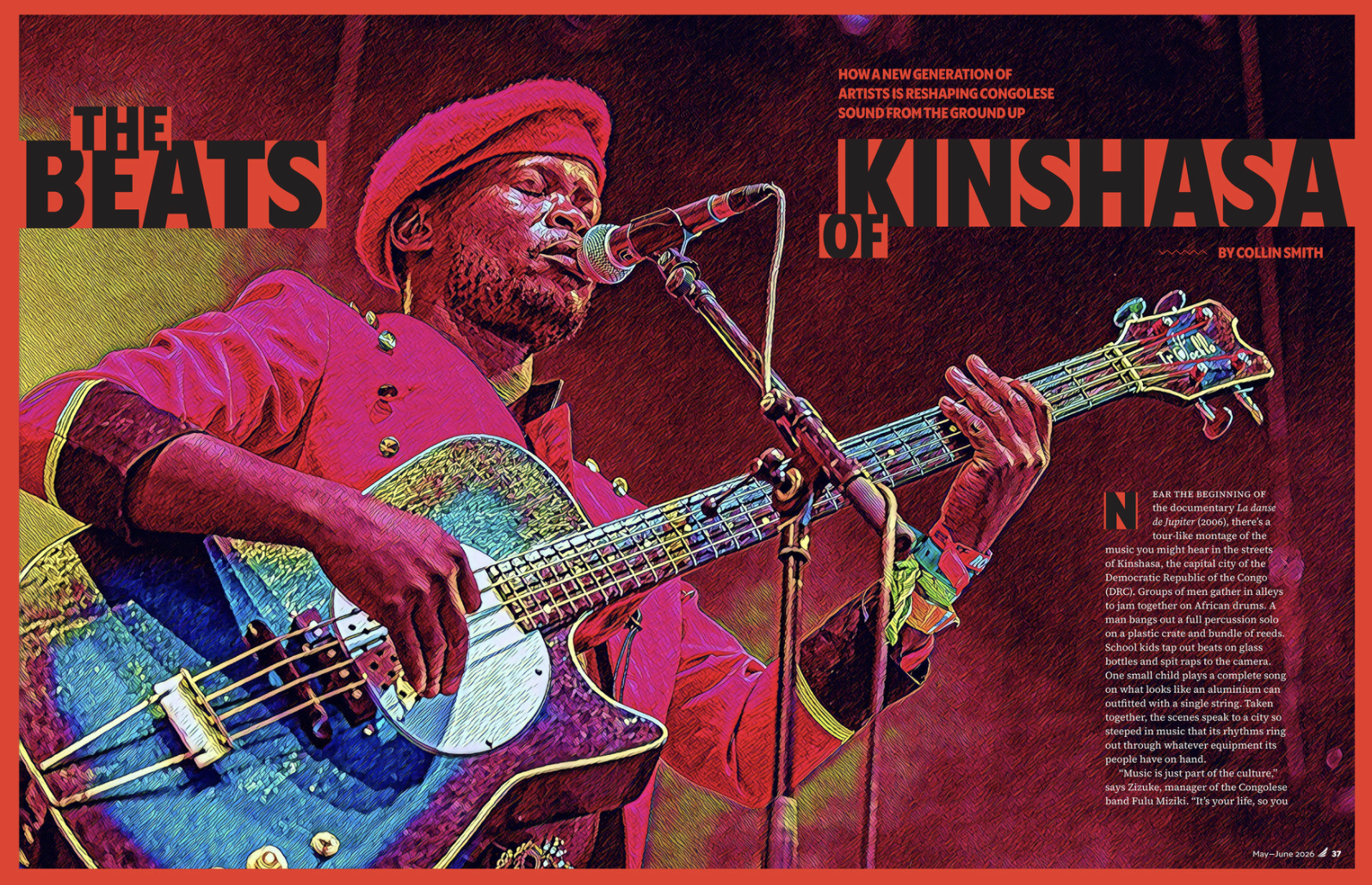 Magazine spread titled 'The Beats of Kinshasa' showing a musician playing bass guitar