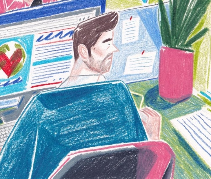 Colored-pencil illustration of Collin Smith at a desk browsing music websites, a potted plant beside him