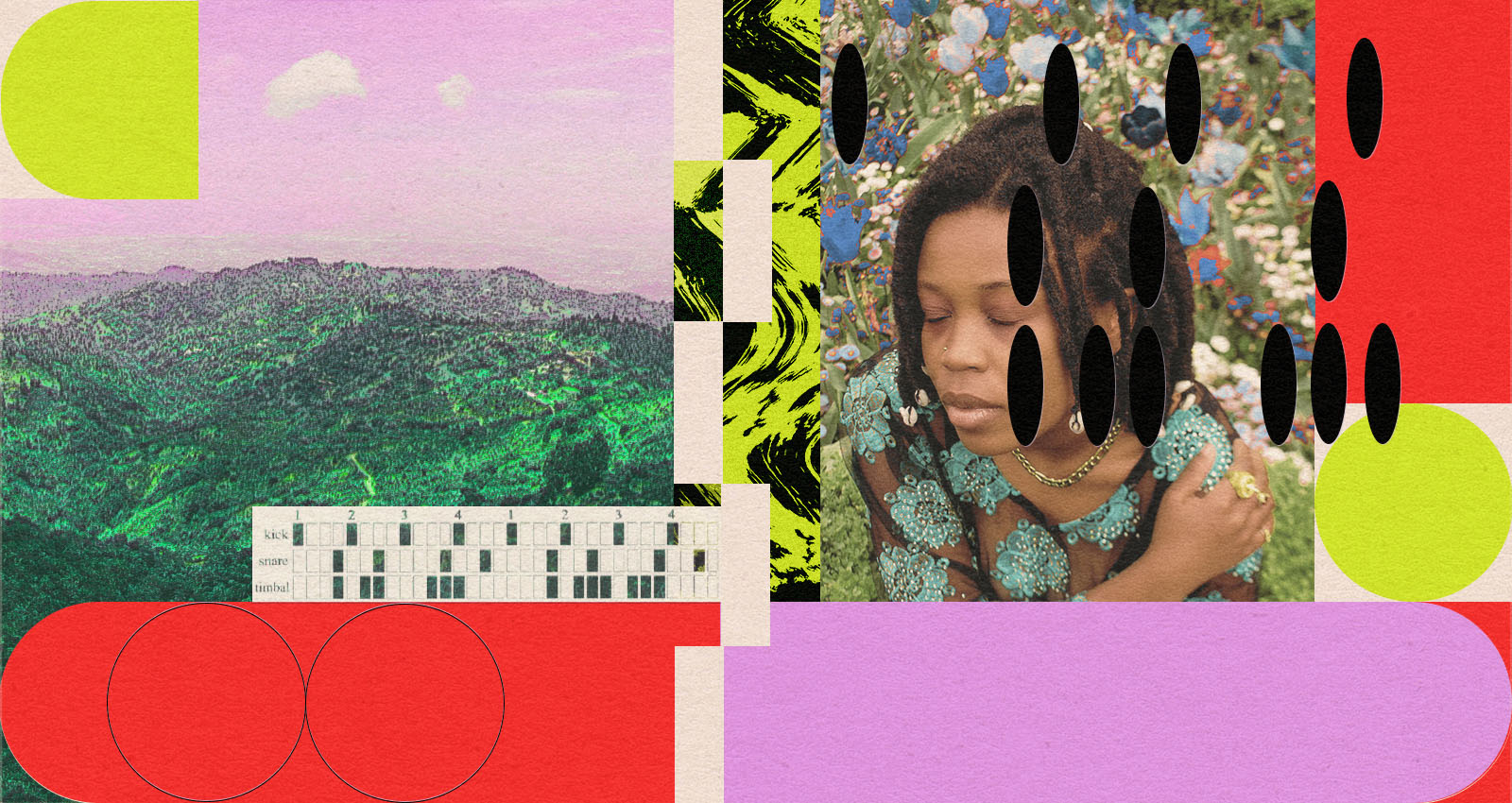 Colorful collage with a forested mountain, drum notation, and a portrait of an artist among flowers